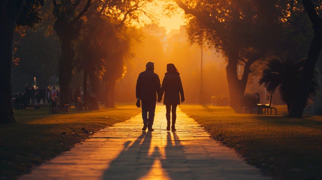 A couple walking together down a tree-lined path toward the sunset.