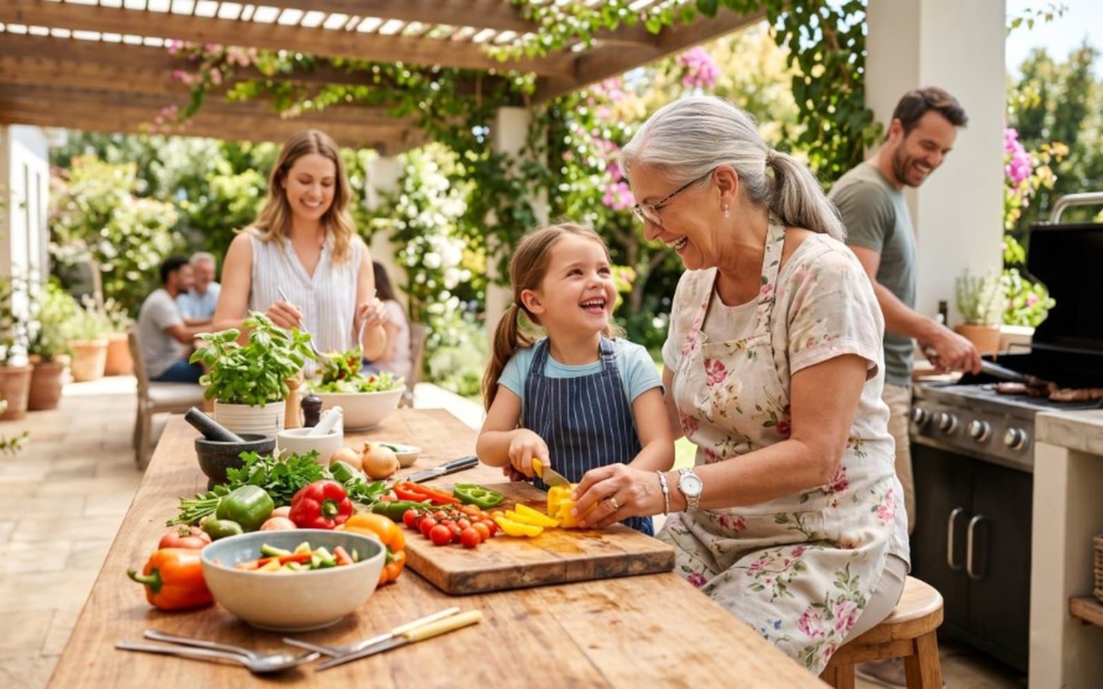 Three generations gathered around one table.