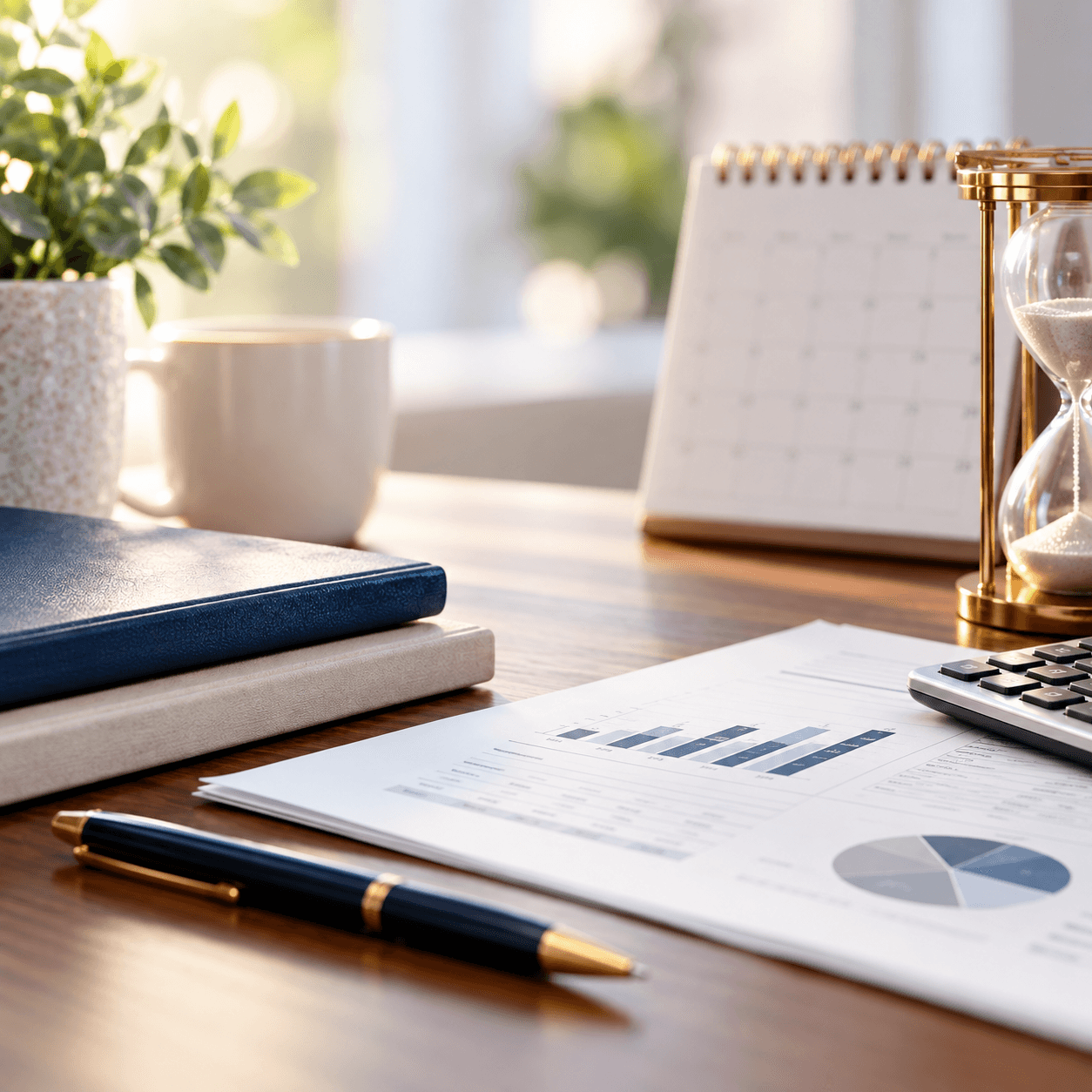 Desk with a planning notebook, calendar, hourglass, calculator, pen and printed financial charts